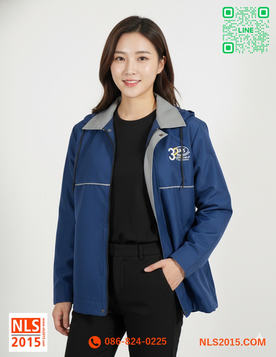 เสื้อแจ็คเก็ต เนื้อผ้าทัชลาน มีซับใน มีฮู๊ดพับเก็บได้ ปักหน้าหลังรูปที่ 