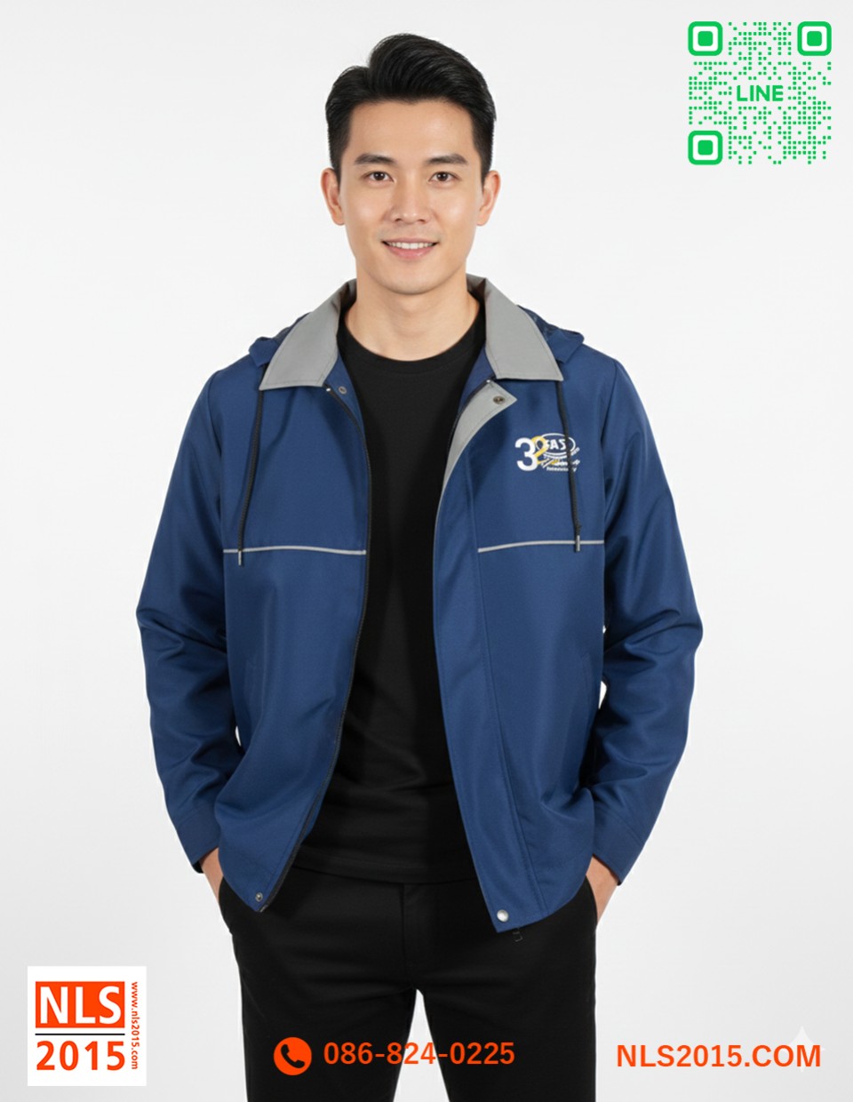 เสื้อแจ็คเก็ต เนื้อผ้าทัชลาน มีซับใน มีฮู๊ดพับเก็บได้ ปักหน้าหลังรูปที่ 