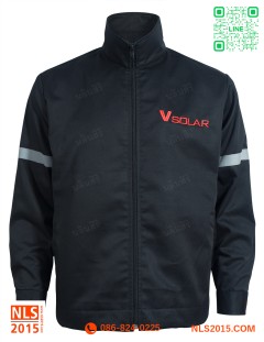 แบบเสื้อแจ็คเก็ตผ้าคอมทวิวสีดำปักหน้าหลังติดแบถสะท้อนแสง