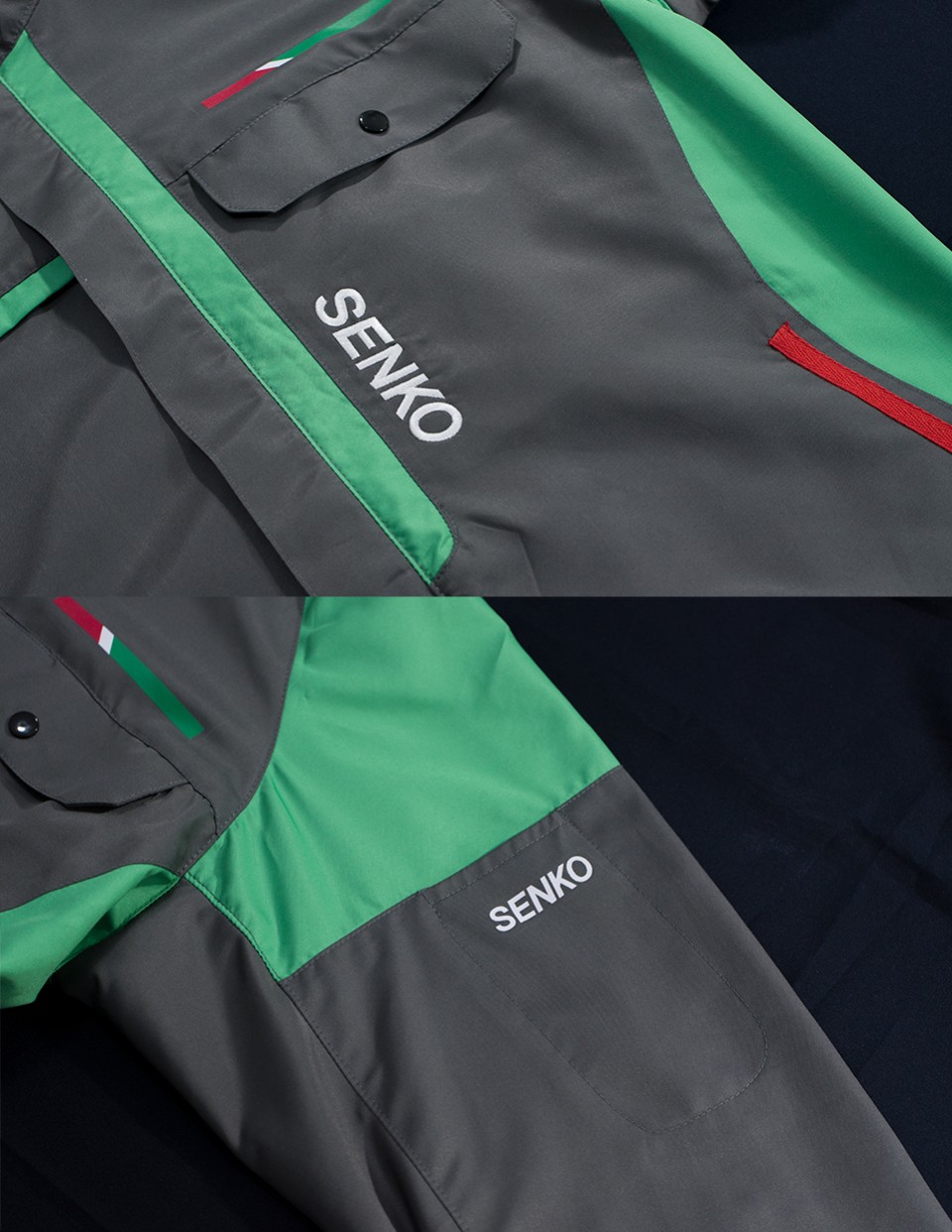 เสื้อแจ็คเก็ตตัดต่อสองสีเนื้อผ้าไมโครพีชไม่มีซับในรูปที่ 