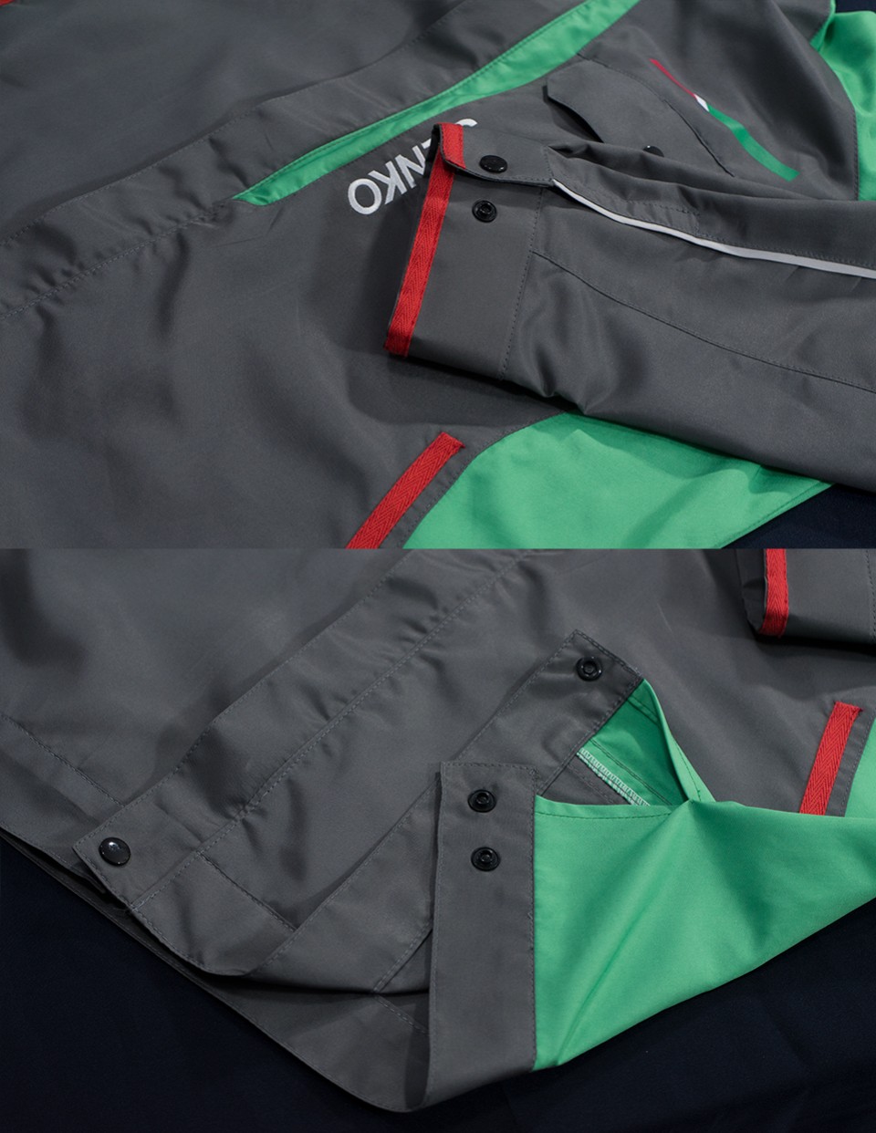 เสื้อแจ็คเก็ตตัดต่อสองสีเนื้อผ้าไมโครพีชไม่มีซับในรูปที่ 