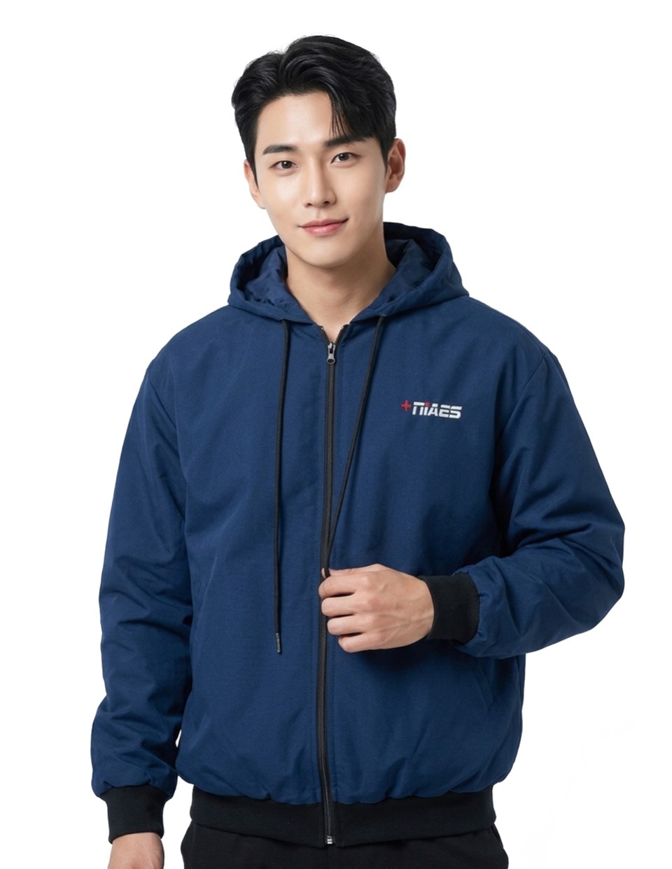 เสื้อแจ็คเก็ตมีฮู๊ดเนื้อผ้าทัชลานมีซับในมีกระเป๋าล้วงข้างปักหน้าหลังรูปที่ 