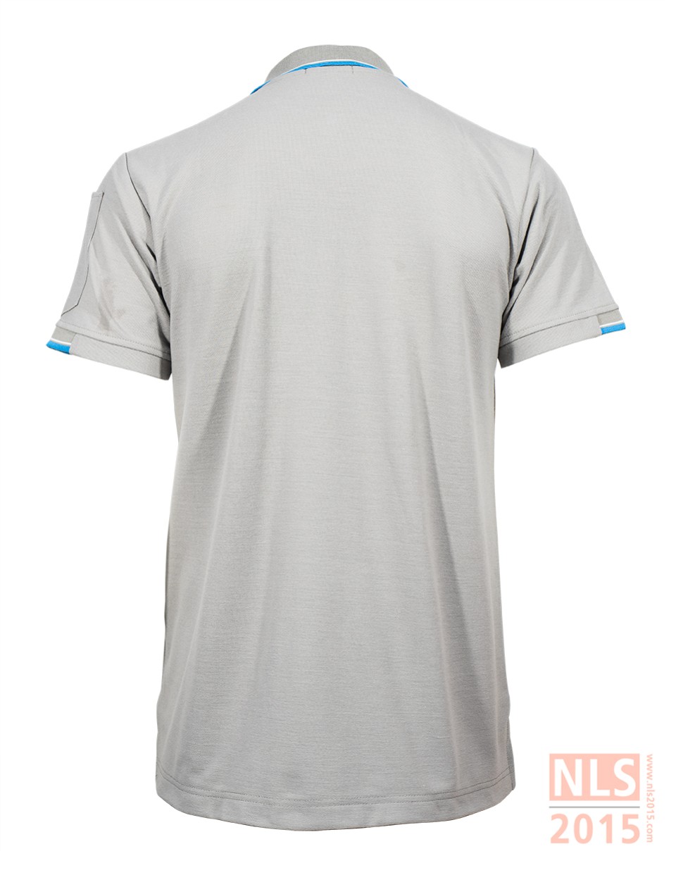 เสื้อโปโลเนื้อผ้าดรายเทคสีขาวขลิบสีฟ้าปักโลโก้อกซ้ายรูปที่ 