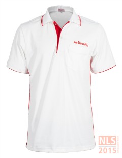 เสื้อโปโลเนื้อแขนสั้นขลิบแดงผ้าดรายเทคปักหน้าหลัง