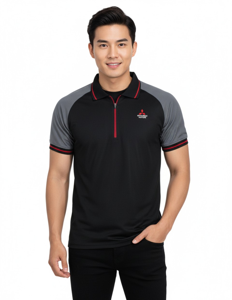 เสื้อโปโลผ้าดรายเทคตัดต่อสองสีสาบเป็นซิป ปักโลโก้อกซ้ายและด้านหลัง แขนจั้มรูปที่ 