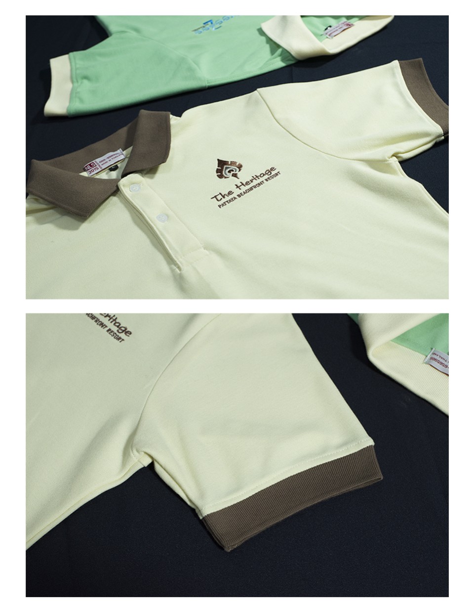 แบบเสื้อโปโลเนื้อผ้า TC จูติ ปักอกซ้าย 1 จุด ตัดต่อสองสีรูปที่ 