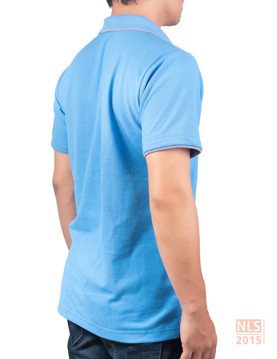 เสื้อโปโลเนื้อผ้า CVC สีฟ้า ขลิบสีเทา มีกระเป๋าอกซ้าย ปักอก 1 จุดรูปที่ 