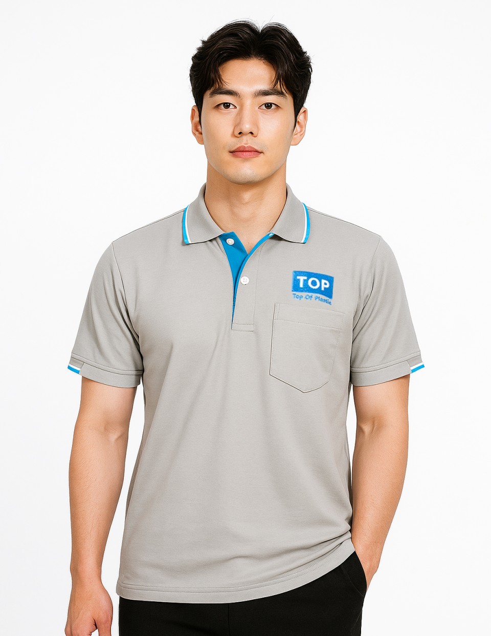 เสื้อโปโลสีชมพู เนื้อผ้าCVC มีกระเป๋าอกปักอกซ้ายมีที่เสียบปากกาแขนซ้ายรูปที่ 