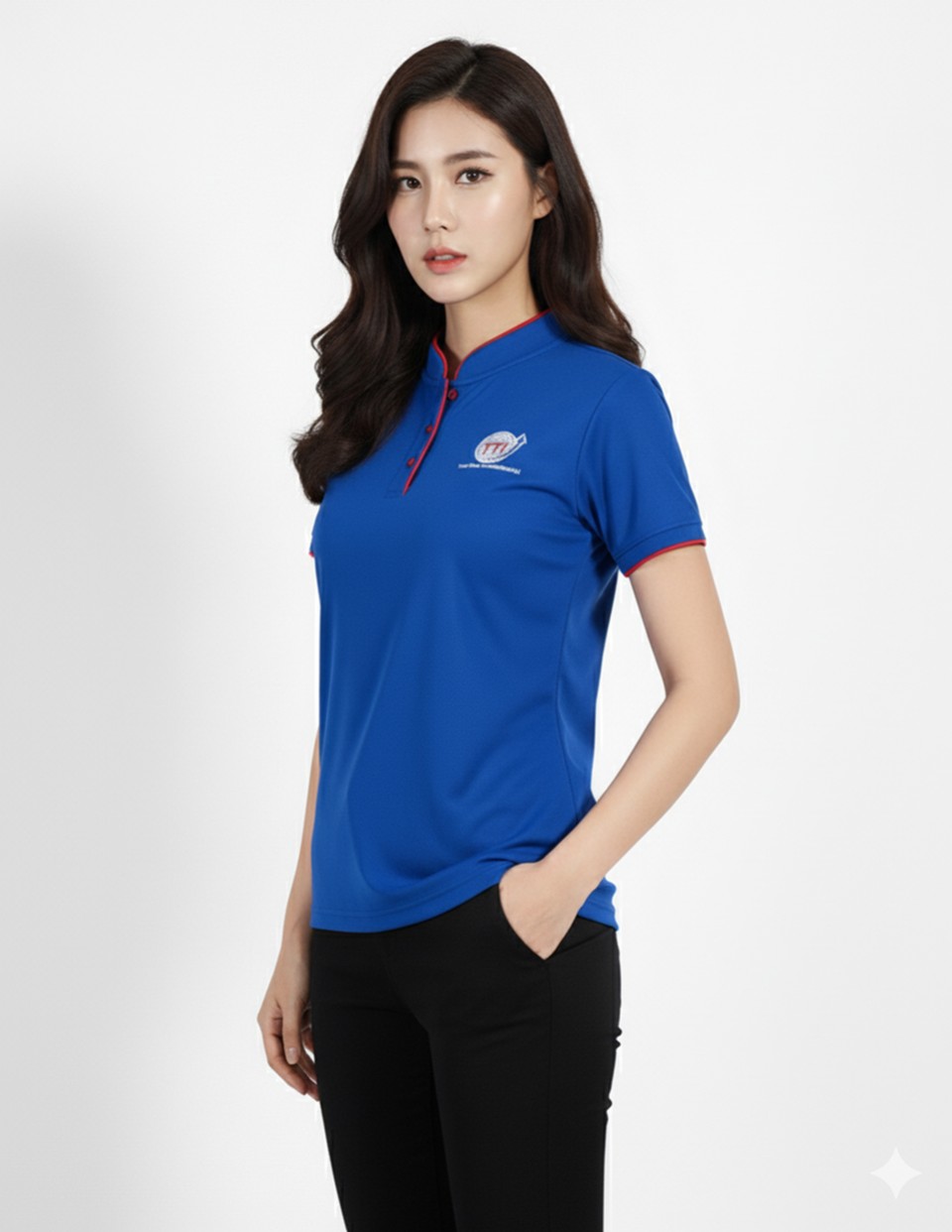 เสื้อโปโลสีน้ำเงิน เนื้อผ้าดรายเทค  คอจีนปักอกซ้ายรูปที่ 