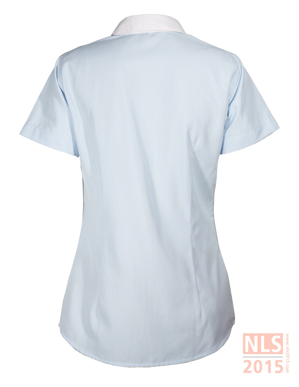 แบบเสื้อเชิ้ตพนักงานหญิงแขนสั้นผ้าลายริ้วสีฟ้าอ่อน ร้านตัดชุดยูนิฟอร์มพนักงานรูปที่ 