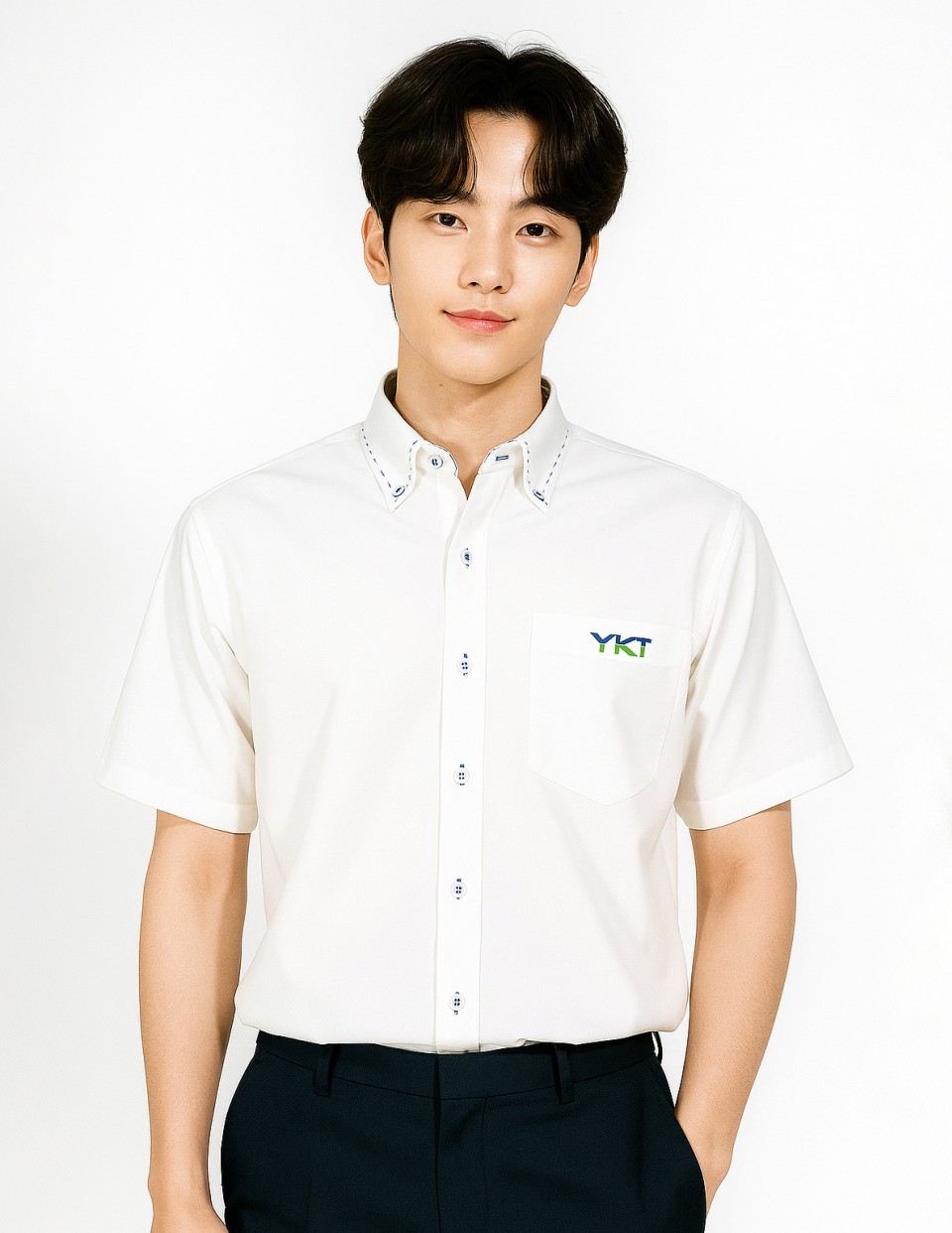 เสื้อเช็ตพนังงานชาย แขนสั้นปักโลโก้อกซ้ายรูปที่
