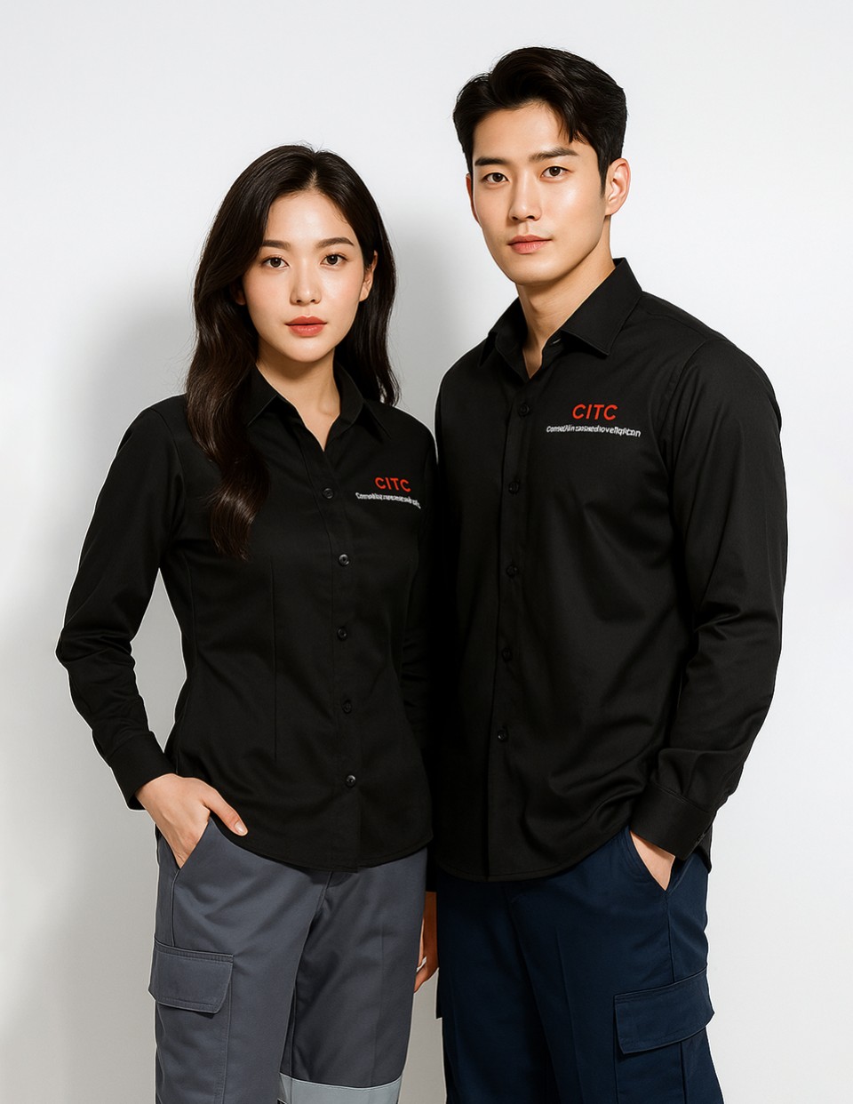 เสื้อเชิ้ตแขนยาว เนื้อผ้าคอมทวิวแบบบาง พร้อมปักอกซ้ายรูปที่
