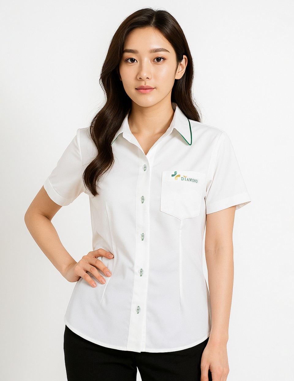 เสื้อเชิ้ตผ้าลาครอส ขลิบเขียวที่ปกรูปที่