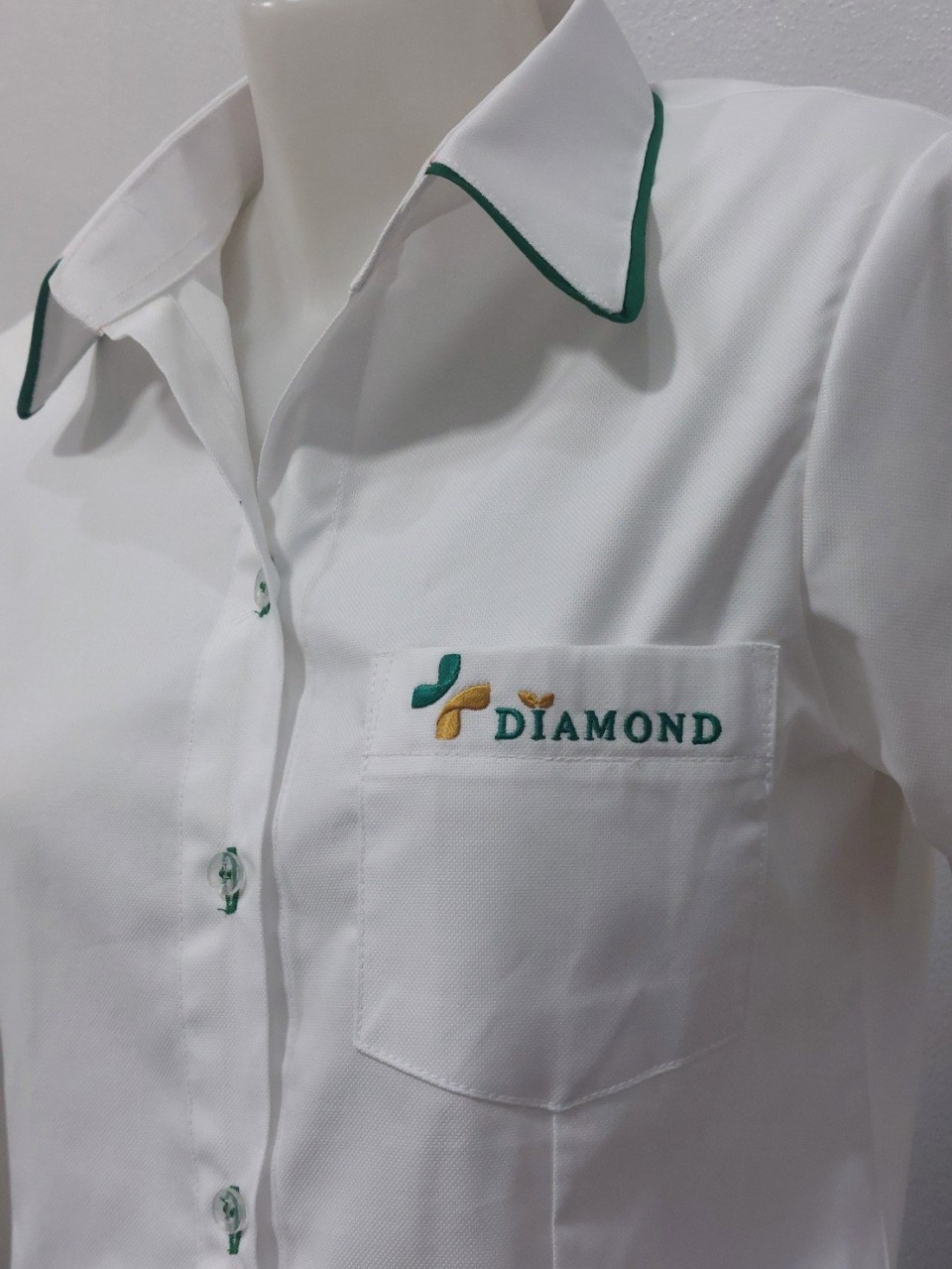 เสื้อเชิ้ตผ้าลาครอส ขลิบเขียวที่ปกรูปที่