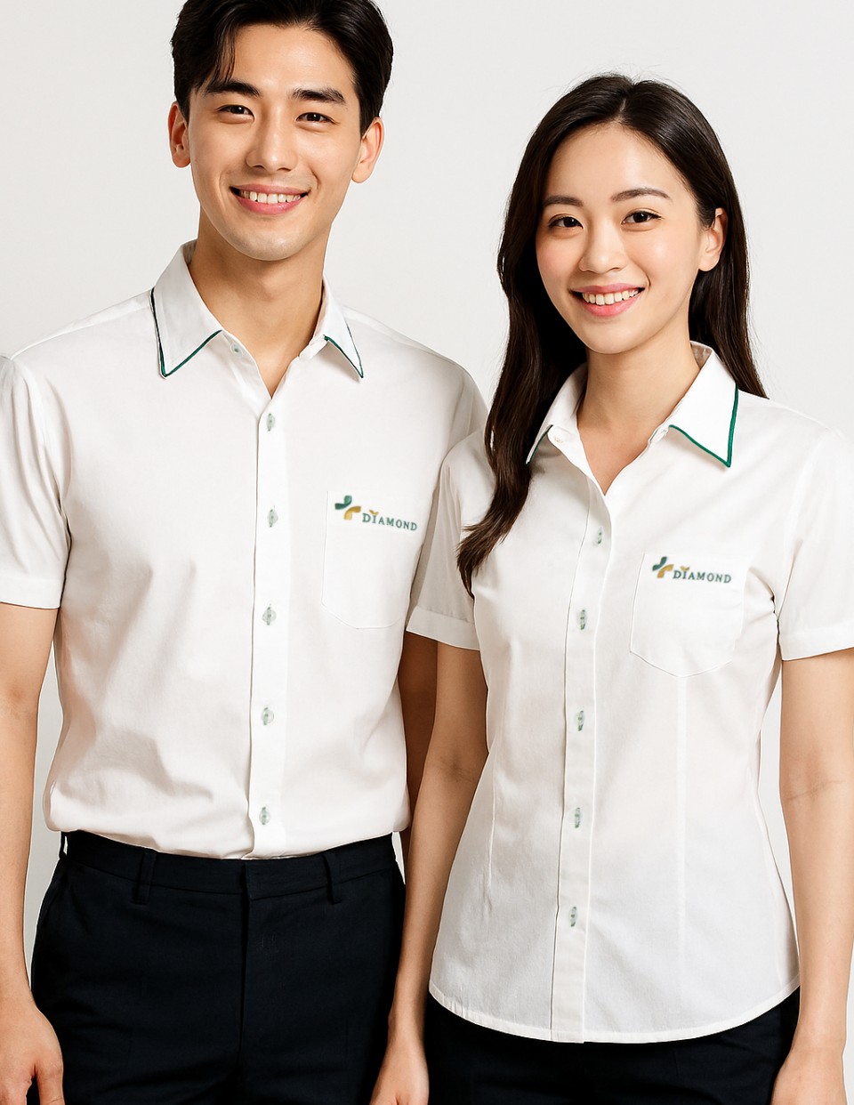 เสื้อเชิ้ตผ้าลาครอส ขลิบเขียวที่ปกรูปที่