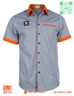 เสื้อเชิ้ตแขนสั้นตัดต่อสองสี เนื้อผ้าคอมทวิวบาง ปักโลโก้อกขวา กระเป๋าเจาะอกซ้าย