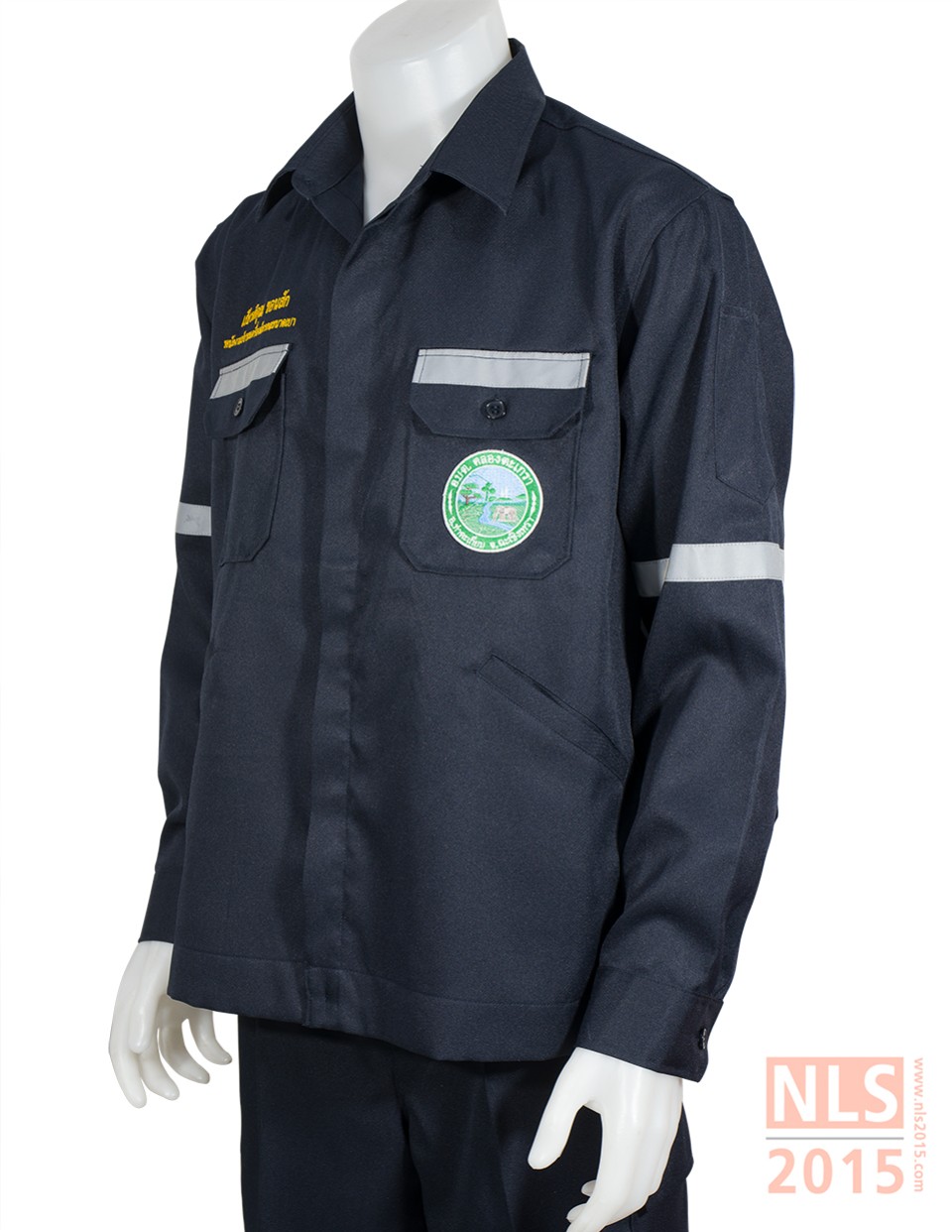 เสื้อช็อปแขนยาวพนักงาน เนื้อผ้าวาเลนติโน่สีกรม ติดแถบสะท้อนแสงรูปที่ 