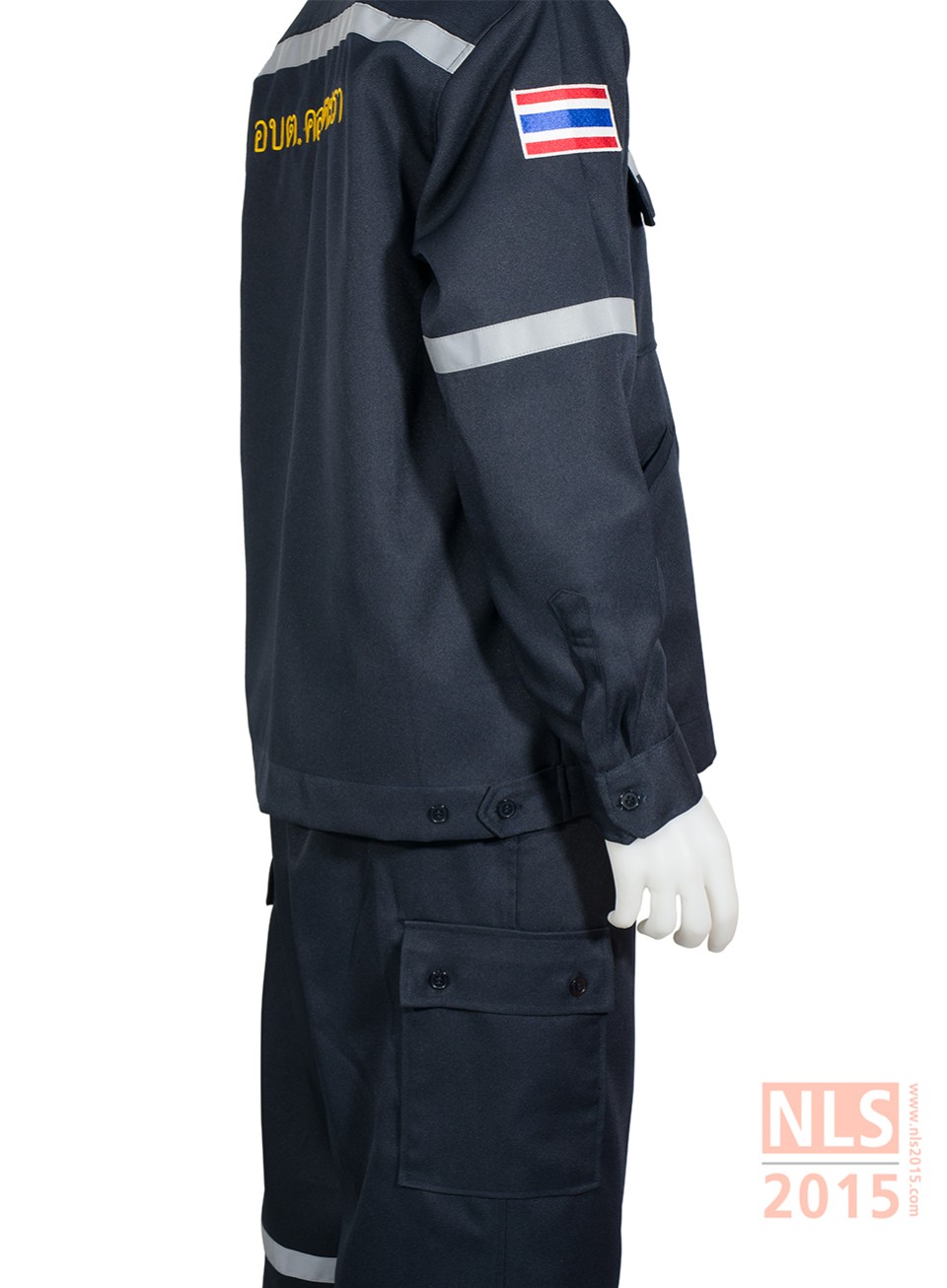 เสื้อช็อปแขนยาวพนักงาน เนื้อผ้าวาเลนติโน่สีกรม ติดแถบสะท้อนแสงรูปที่ 