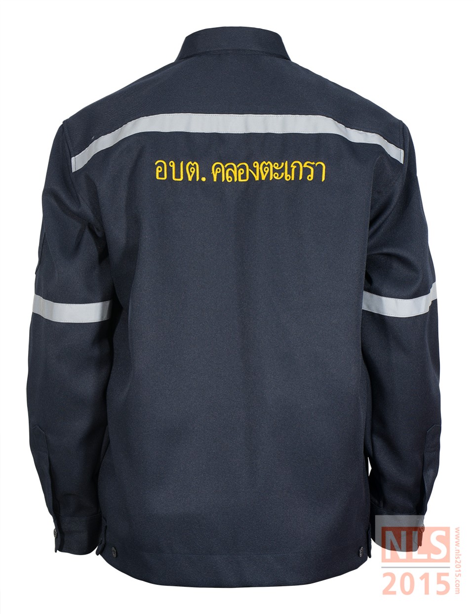 เสื้อช็อปแขนยาวพนักงาน เนื้อผ้าวาเลนติโน่สีกรม ติดแถบสะท้อนแสงรูปที่ 