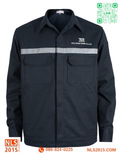 เสื้อช็อปพนักงานเนื้อผ้าเวสป้อยท์กันสะเก็ดไฟ สีกรมแขนยาว ติดเมจิกเทปทนกระดุม