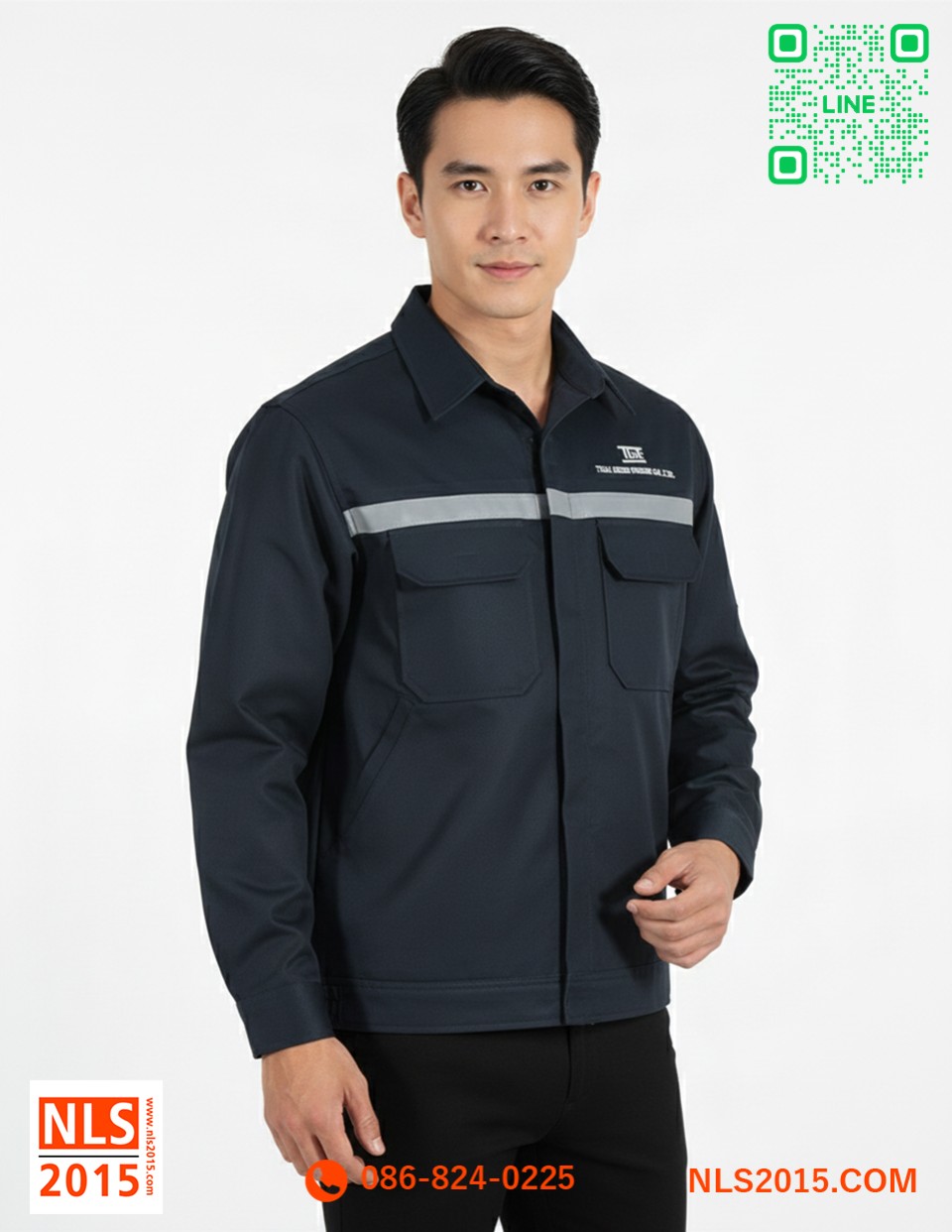 เสื้อช็อปพนักงานเนื้อผ้าเวสป้อยท์กันสะเก็ดไฟ สีกรมแขนยาว ติดเมจิกเทปทนกระดุมรูปที่ 