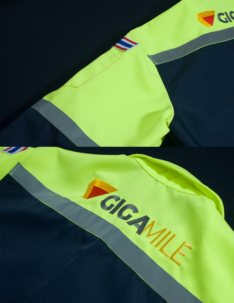 ยูนิฟอร์มพนักงานตัดต่อสองสี กรม เขียวสะท้อนแสง เนื้อผ้าดีวาย ติดแถบสะท้อนแสงสีเทารูปที่ 