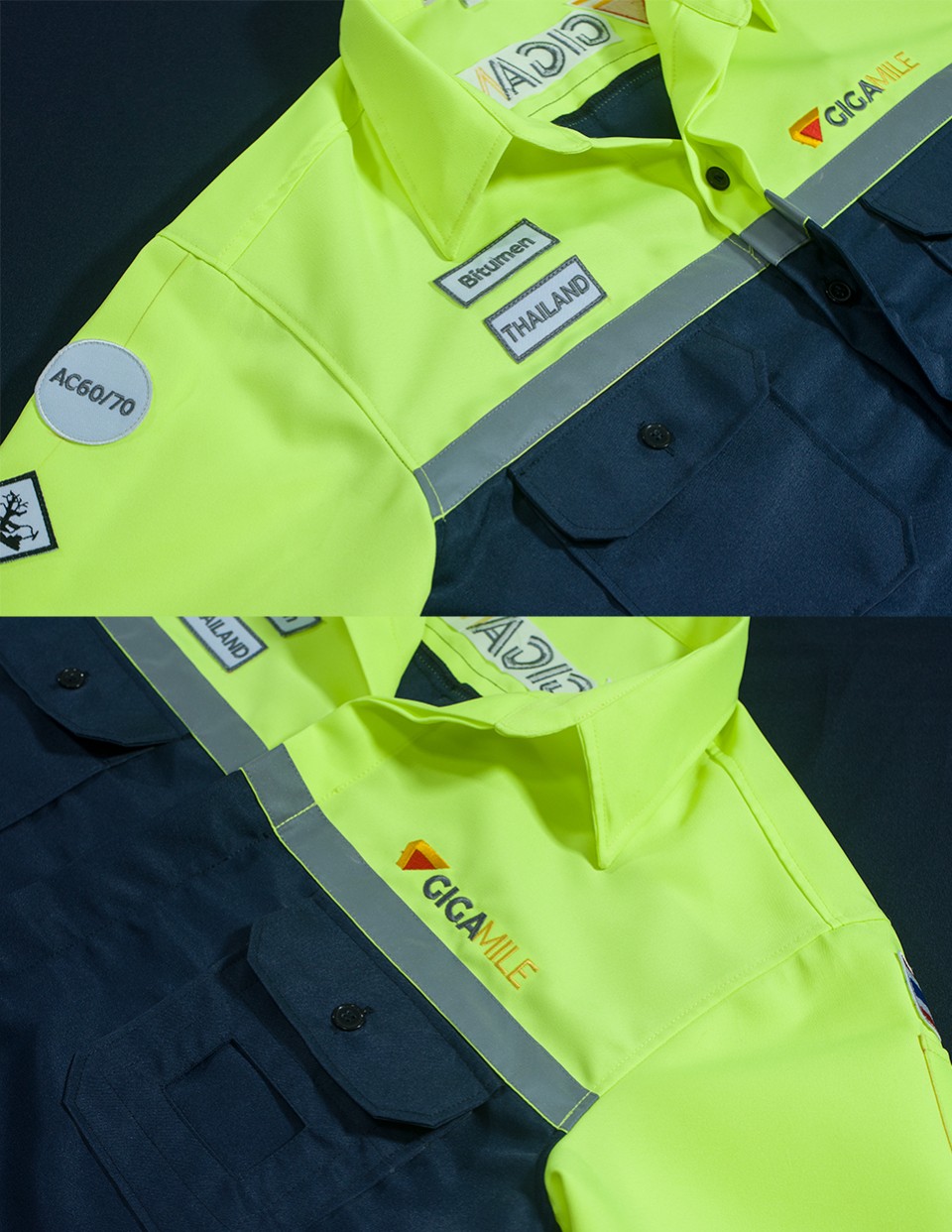 ยูนิฟอร์มพนักงานตัดต่อสองสี กรม เขียวสะท้อนแสง เนื้อผ้าดีวาย ติดแถบสะท้อนแสงสีเทารูปที่ 
