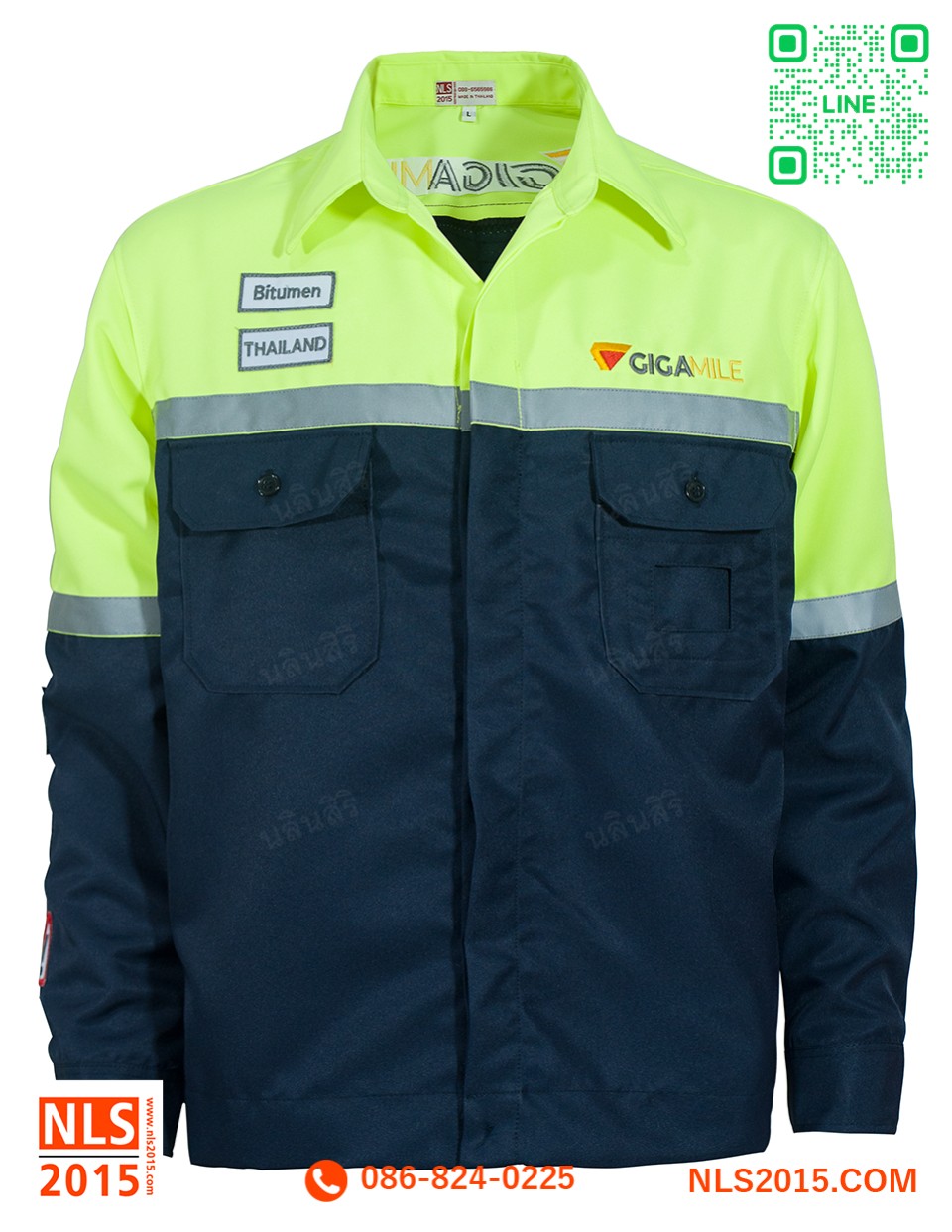 ยูนิฟอร์มพนักงานตัดต่อสองสี กรม เขียวสะท้อนแสง เนื้อผ้าดีวาย ติดแถบสะท้อนแสงสีเทารูปที่ 