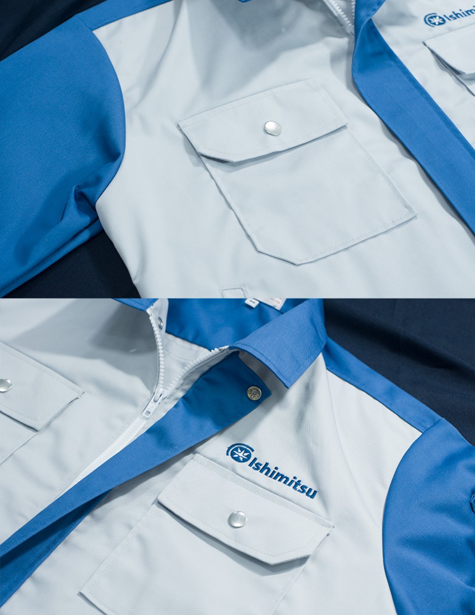 ยูนิฟอร์มตัดต่อสองสีเนื้อผ้าคอมทวิวกระดุมสแน็ปเนื้อทองเหลืองรูปที่ 