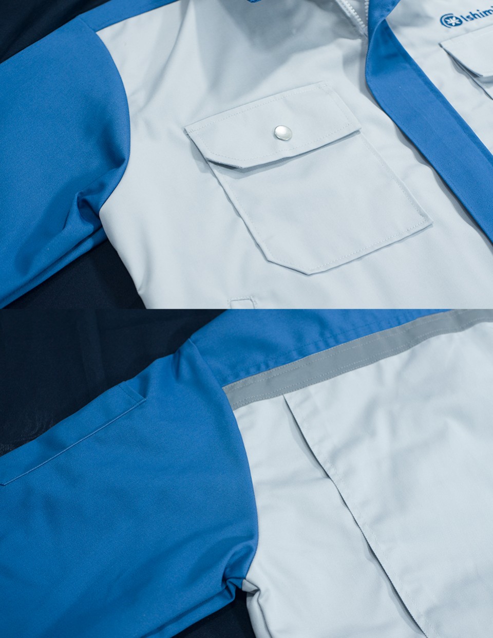 ยูนิฟอร์มตัดต่อสองสีเนื้อผ้าคอมทวิวกระดุมสแน็ปเนื้อทองเหลืองรูปที่ 