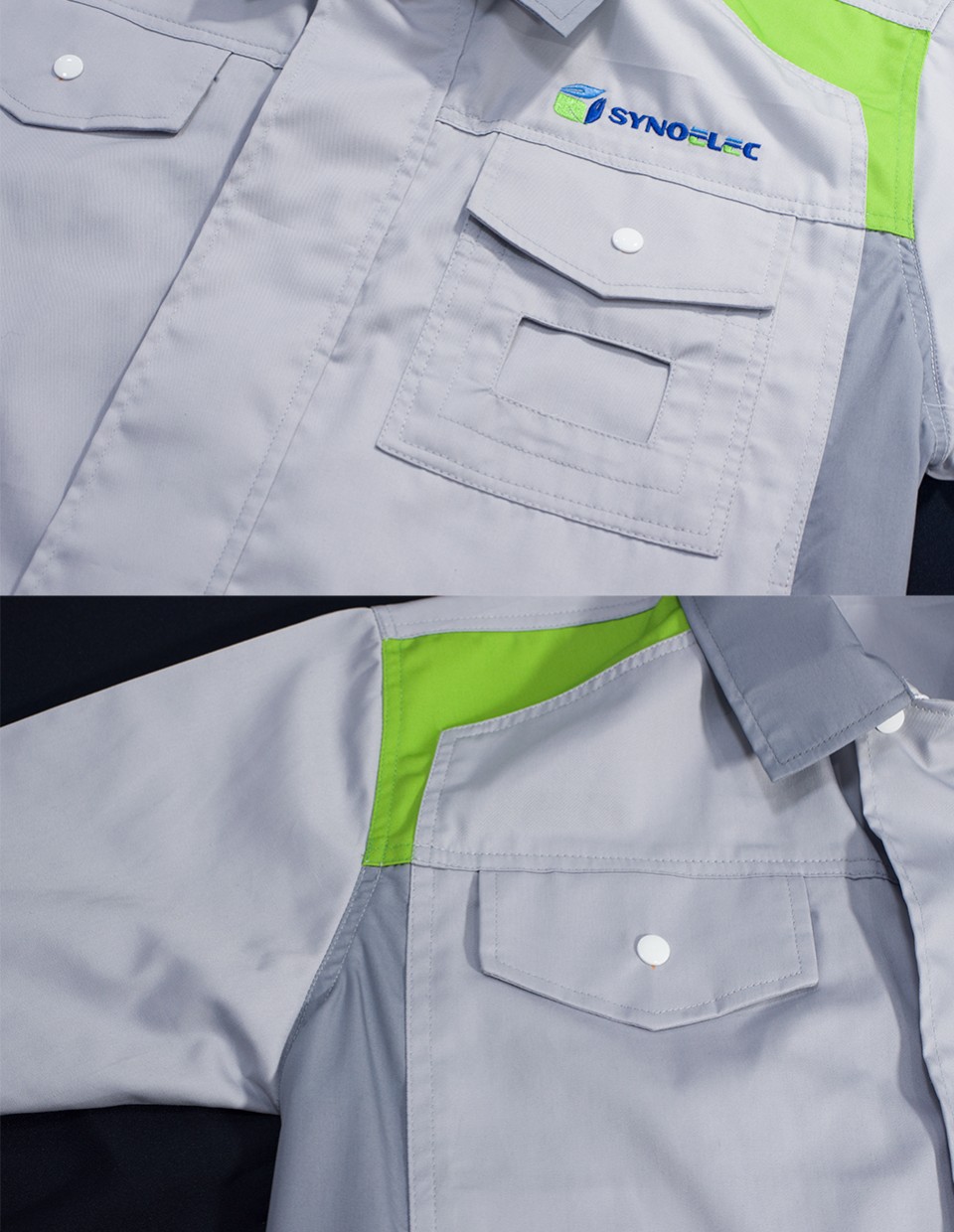 เสื้อช็อปแขนสั้นตัดต่อสามสีเนื้อผ้าคอมทวิวแบบบางสาบหน้าติดซิปรูปที่ 