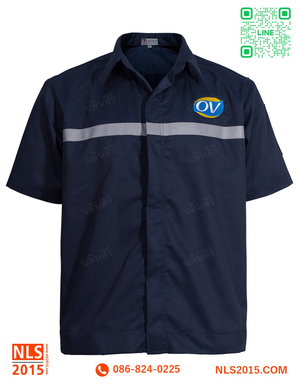 เสื้อช็อปแขนสั้นผ้าคอทวิว ติดแถบสะท้อนแสง ปักหน้าหลัง ไม่มีกระเป๋ารูปที่ 