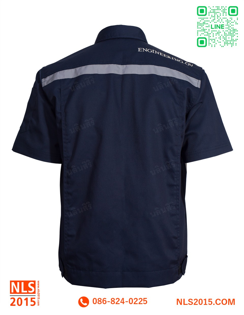 เสื้อช็อปแขนสั้นผ้าคอทวิว ติดแถบสะท้อนแสง ปักหน้าหลัง ไม่มีกระเป๋ารูปที่ 