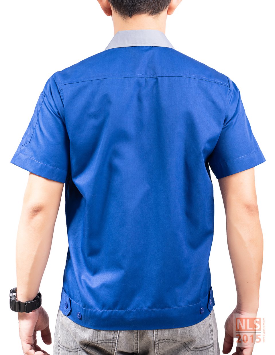 เสื้อแขนสั้นปกเชิ้ต สีน้ำเงิน | รับตัดเสื้อพนักงาน ยูนิฟอร์มพนักงาน พร้อมเสื้อช้อป เสื้อช่าง พร้อมปักโลโก้รูปที่ 