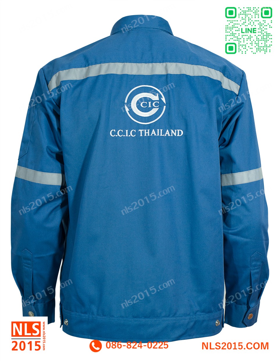 เสื้อช็อปแขนยาวคาดแถบสะท้อนแสงสีเทา 1 นิ้ว สาบติดซิปฟันไนล่อน ปักอกซ้ายและด้านหลังรูปที่ 