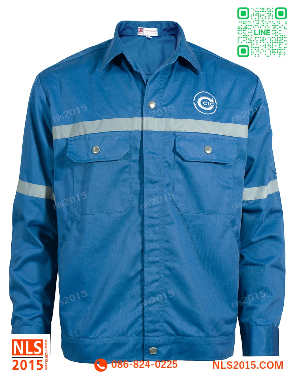 เสื้อช็อปแขนยาวคาดแถบสะท้อนแสงสีเทา 1 นิ้ว สาบติดซิปฟันไนล่อน ปักอกซ้ายและด้านหลังรูปที่ 