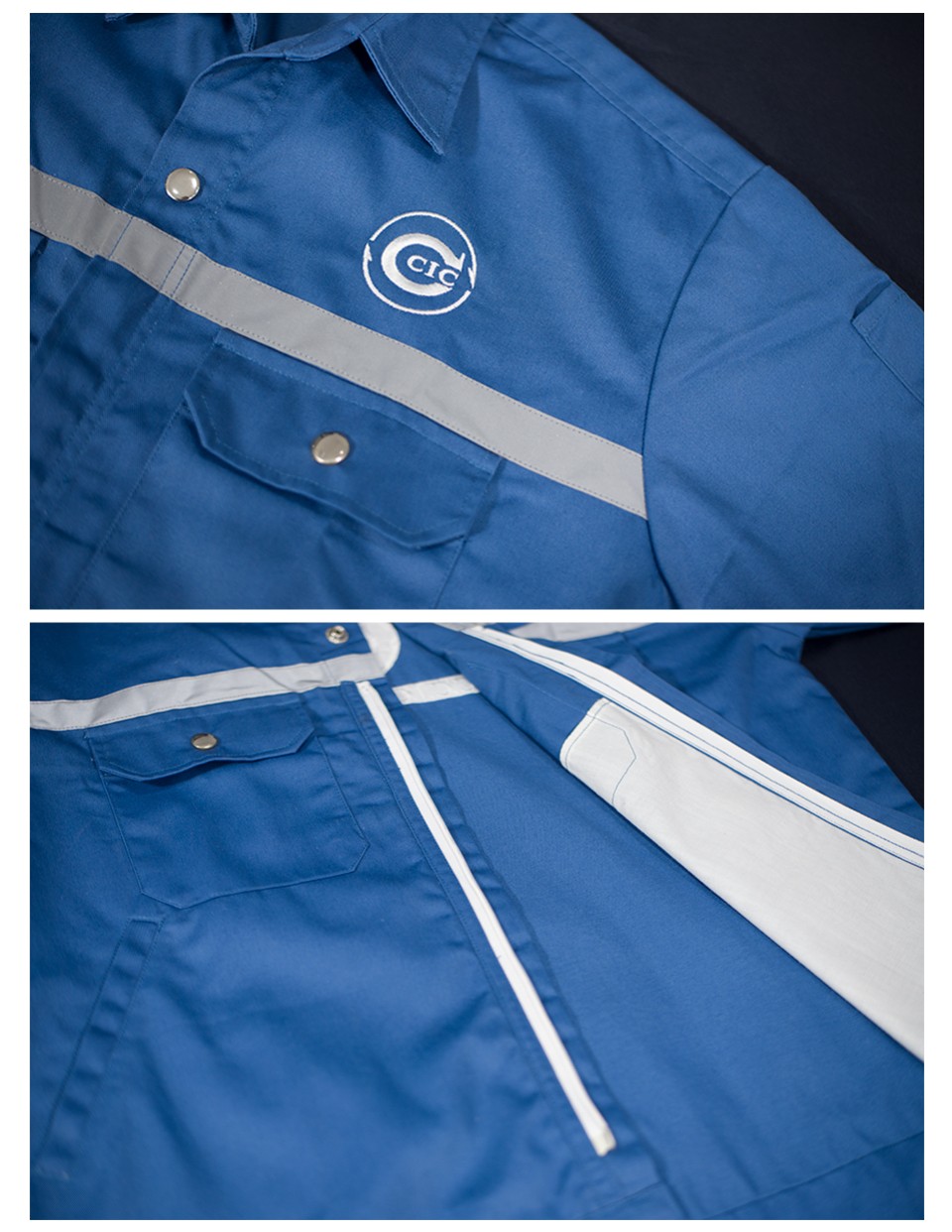 เสื้อช็อปแขนยาวคาดแถบสะท้อนแสงสีเทา 1 นิ้ว สาบติดซิปฟันไนล่อน ปักอกซ้ายและด้านหลังรูปที่ 