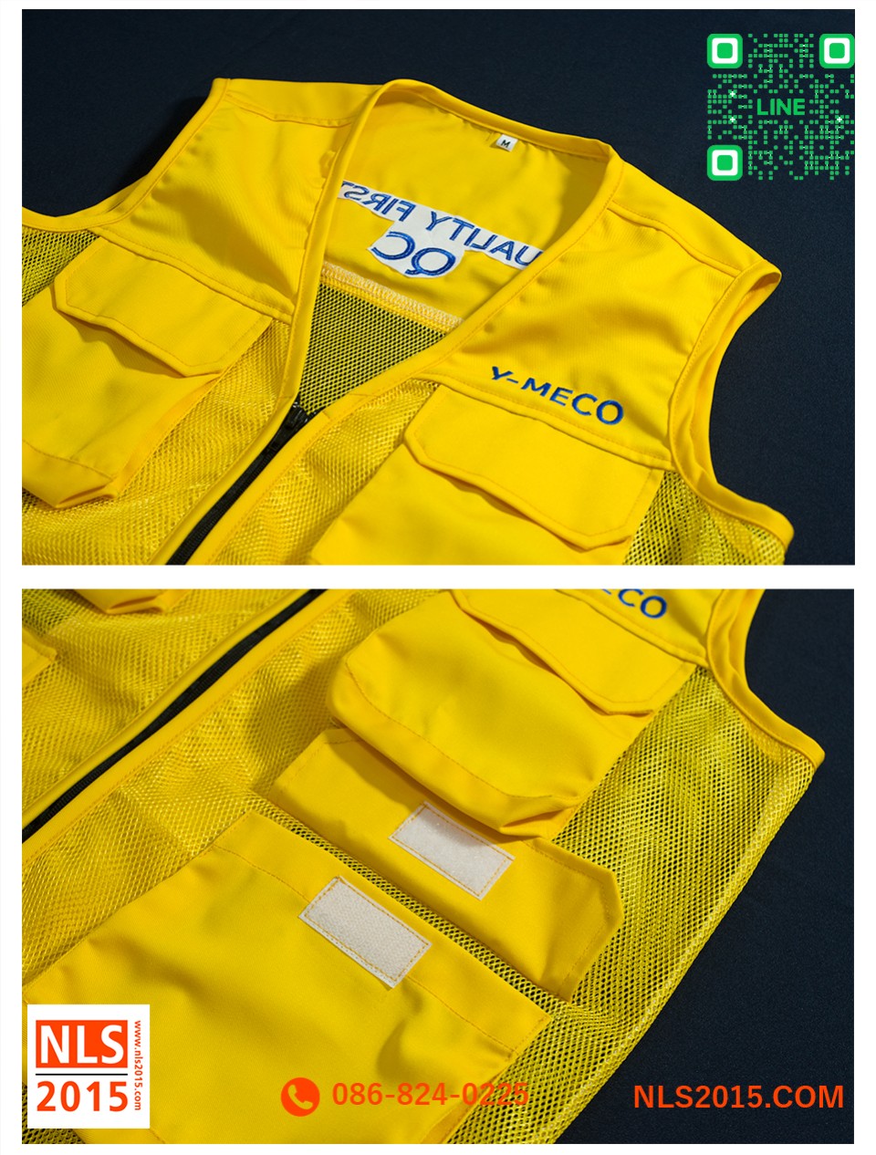 เสื้อกั๊กตาข่ายแข็ง เนื้อผ้าคอมทวิว ปักด้านหน้าและด้านหลังรูปที่ 